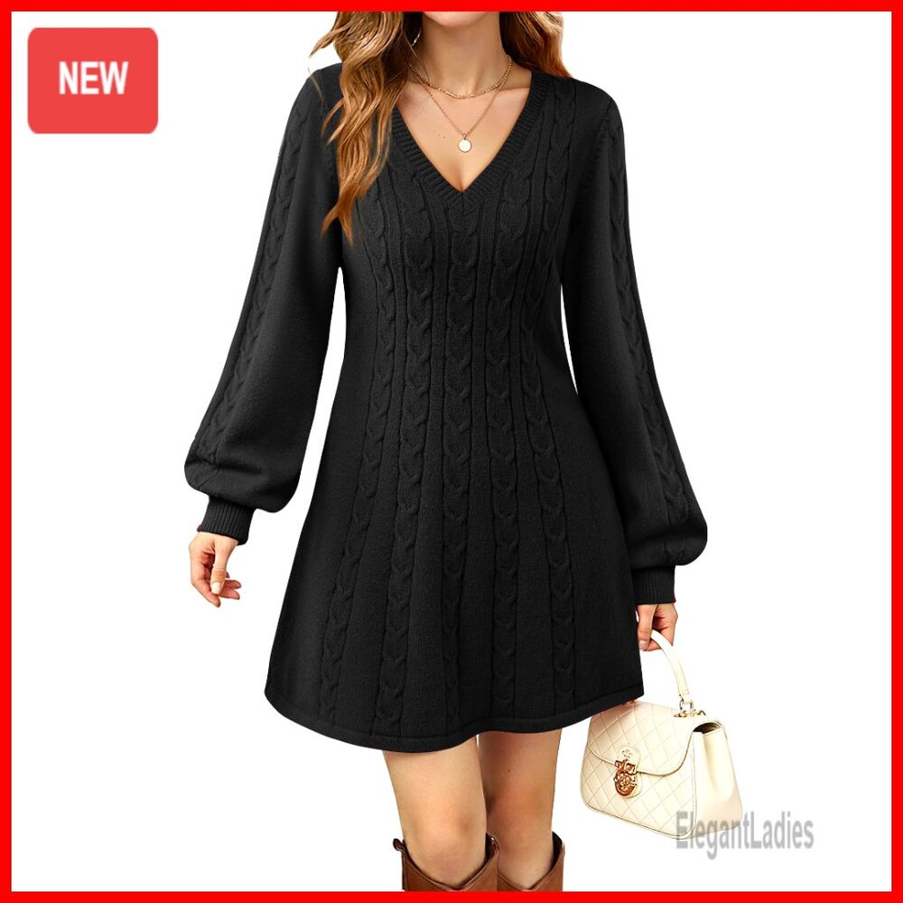 V-Neck Long Sleeve Cable Knit Sweater Dress, High Waist A-Line Mini
